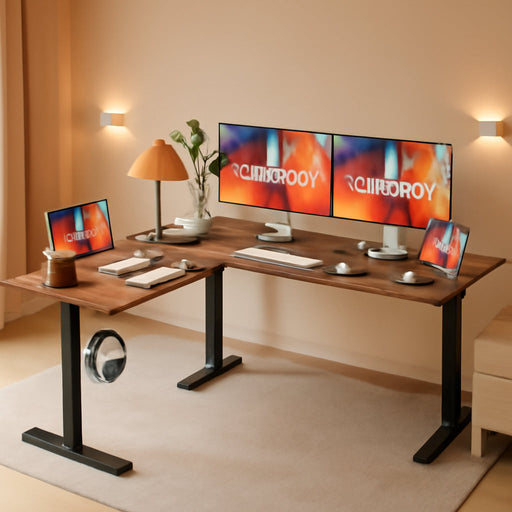 L Shaped Standing Desk Adjustable Height, Electric Corner Standing Desk, 63 X 55 Inch Sit Stand Computer Table with Splice Board, Rustic Brown