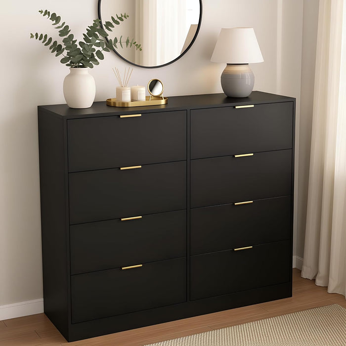 Black Dresser for Bedroom, 8 Drawer Dresser with Deep Drawer, Tall Modern Chest of Drawers with Golden Handle, Large Storage Organizer Bedroom Furniture, TV Stand for Living Room, Hallway, Entryway