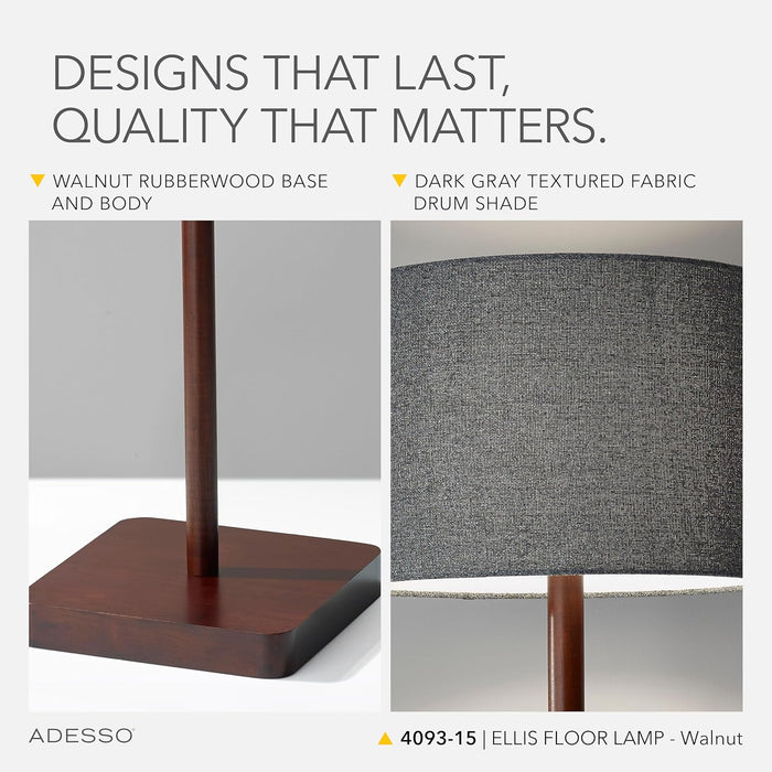 Floor Lamp with Walnut Rubberwood Base and Grey Fabric Lampshade – 58.5” X 16”, 3-Way Adjustable Brightness, Lamp for Bedroom, Living Room, and House Decor