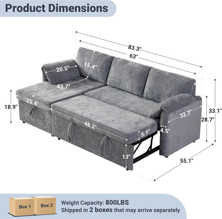 LightGray 83In Convertible PullOut Sofa Bed USBCharging