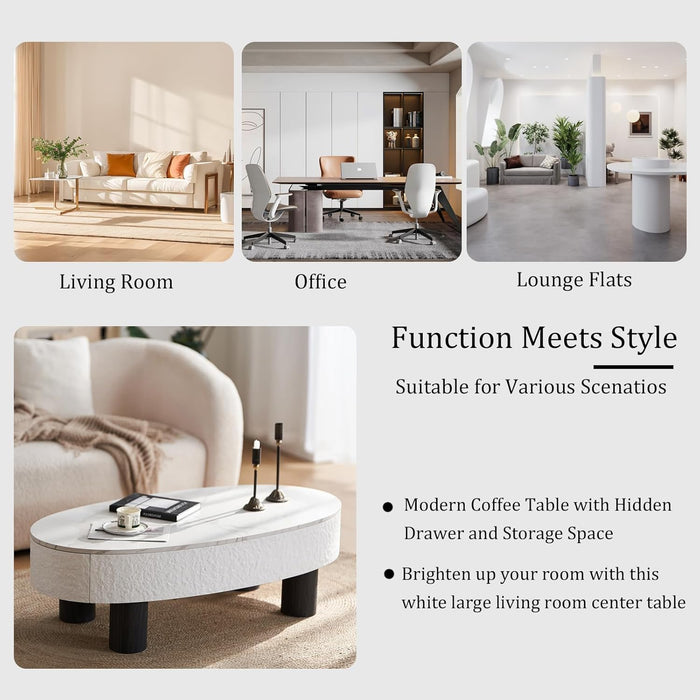 Coffee Table with Faux Marble Tabletop and Hidden Drawer and Storage Space, 47.24" Oval Mid Century Modern Wooden Center Table, Cocktail Tea Table for Living Room Home Office, White