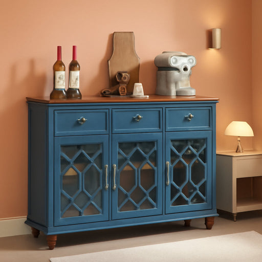 Farmhouse Sideboard Buffet Cabinet with Storage,48" Large Credenza with 3 Glass Doors & 3 Drawers,Adjustable Shelves Console Table,Wood Kitchen Coffee Bar for Dining Room,Living Room,Navy Blue