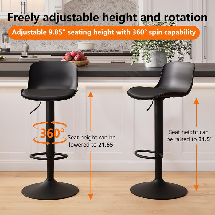 Black Bar Stools Set of 2 Adjustable Counter Height Barstools Modern PU Leather Swivel Tall Bar Chairs Upholstered Bar Stool with Back for Kitchen Island