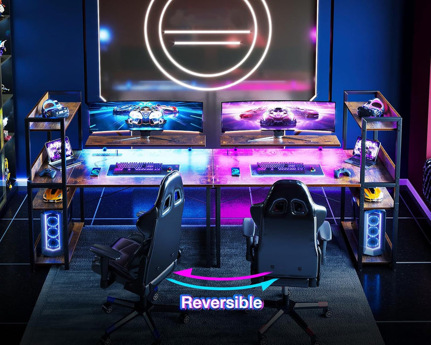 Reversible Gaming Desk with USB Charging Port and LED Lights, 40 Inch Computer Desk with Storage Shelves & Monitor Stand, Writing Study Table for Home Office, Small Space Bedroom, Rustic Brown