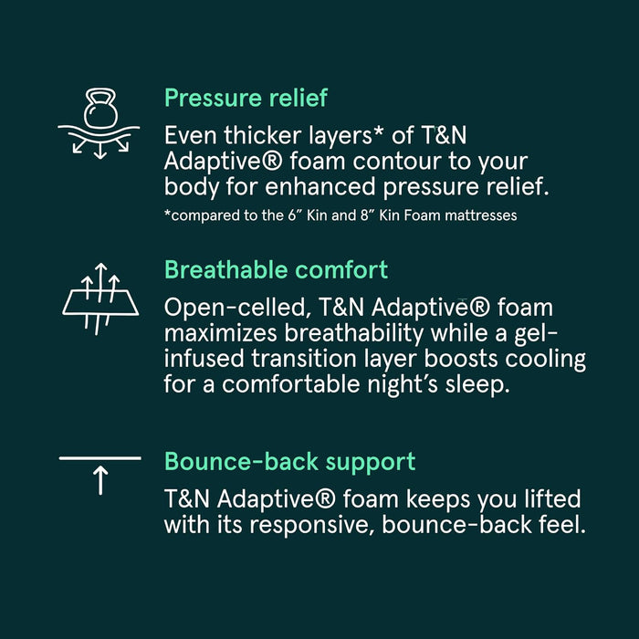 Kin by  Medium Firm 10" Queen Adaptive Foam Mattress in a Box, Cooling Pressure Relief, Balanced Support, 100 Night Trial, Fiberglass-Free, Certipur-Us, 10-Year Limited Warranty