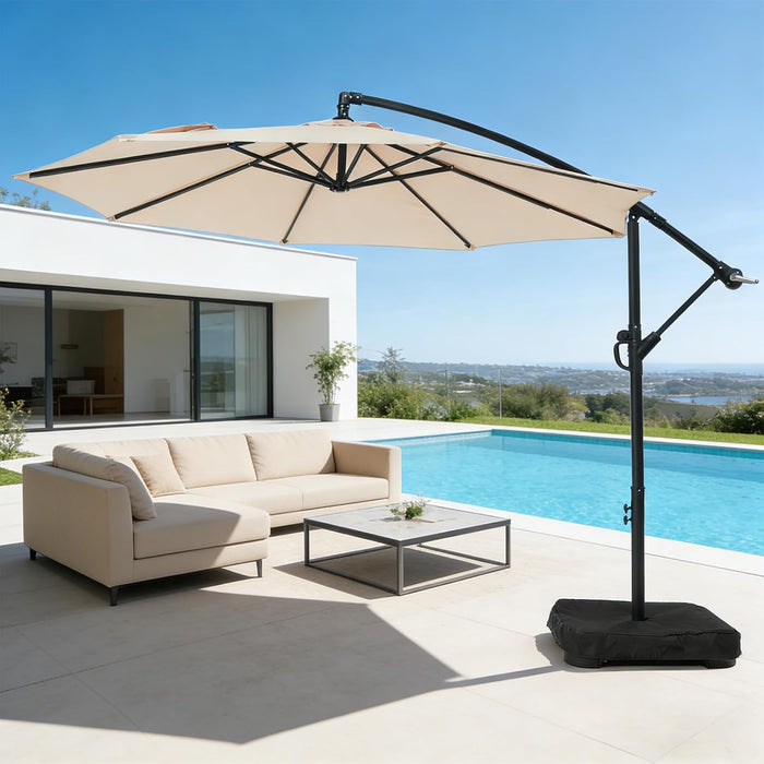 10Ft Patio Umbrella with Base Included, Outdoor Offset Cantilever Umbrella with Sandbag Base for Backyard, Garden and Pool, Easy to Tilt and Crank, Beige