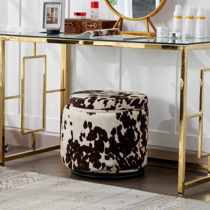 Modern Swivel Ottoman Vanity Chair, Linen Upholstered Barrel Club 360°Degree Swivel Side Stool with Storage, Comfy Makeup Stool for Bedroom Living Room, Milk Cow