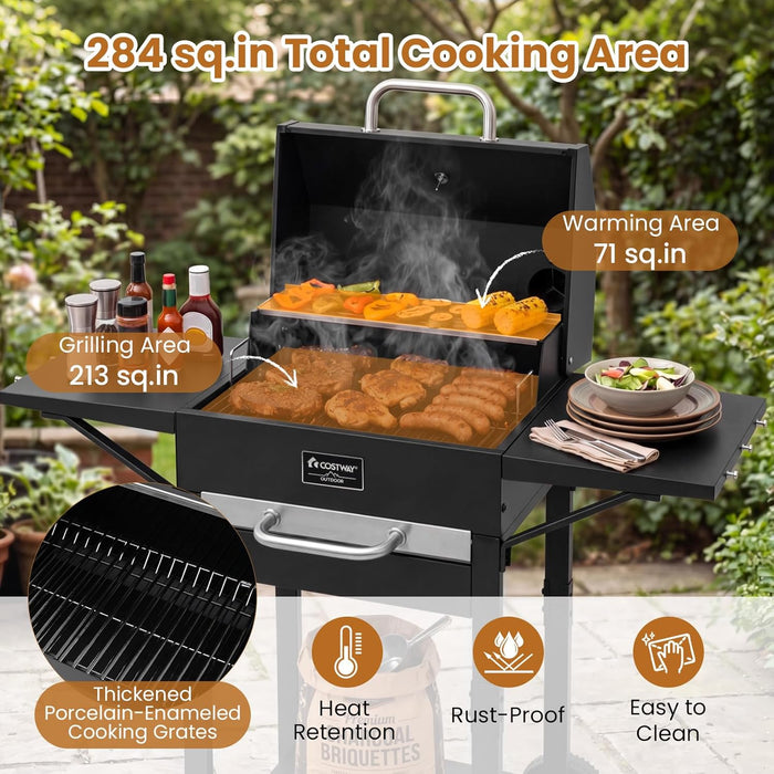 Charcoal Grill with 2 Side Tables, 284 Sq.In. Outdoor Smoker BBQ Grill with Thermometer, Bottle Opener & Wheels, Mobile Cooking Grill for Camping Picnic Party, Black