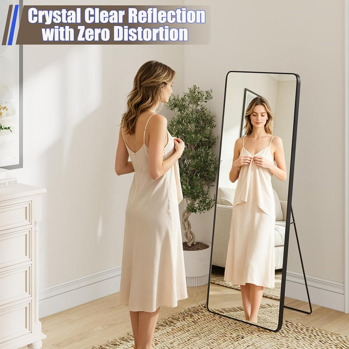 57"X21" Rectangle Full Length Mirror, Black Aluminum Frame Floor Mirror with Stand, HD Shatterproof Glass & Rust-Proof Body Mirror for Bedroom, Living Room, Bathroom, Entryway