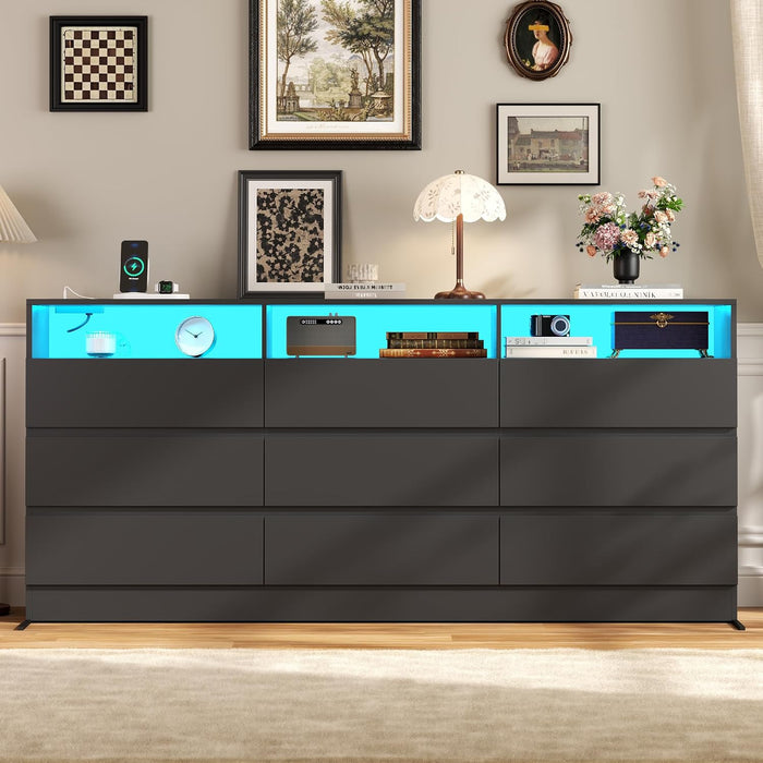 Drawer Dresser for Bedroom with Power Outlet, Black Dressers with LED Light,Dresser Chest of Drawers for Closet,Wood Dressers Organizer Cabinet (Black 9 Drawers)