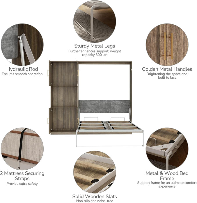 Modern Queen Size Murphy Bed, Hidden Foldable Wall Cabinet Bed Frame with Wood Slat, Space-Saving, No Spring Box Required, 95.85W'', Brown