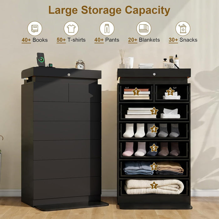 51" Tall Black Dresser 7 Drawer with LED Lights & Charging Station