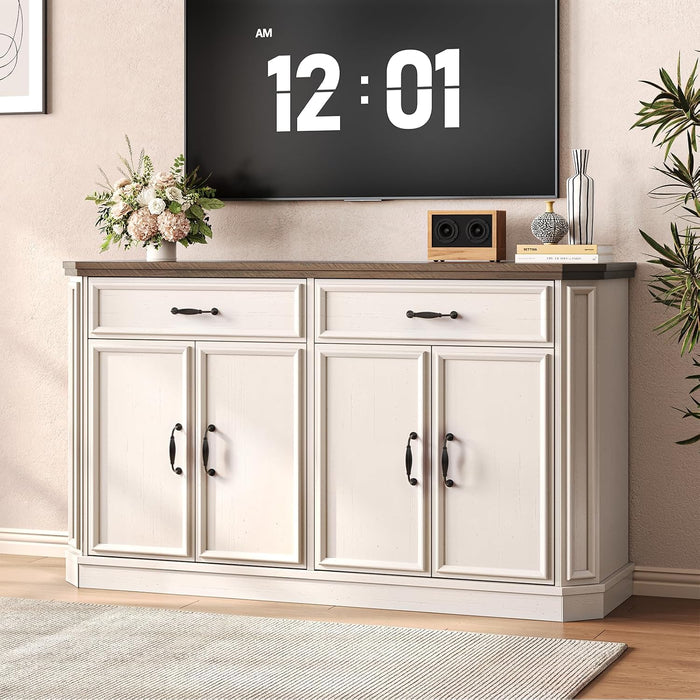 55" Sideboard Buffet Cabinet with 2 Storage Drawers & 4 Doors, Modern Kitchen Sideboards and Buffets with Adjustable Shelves, Wood Coffee Bar Cabinet for Living Room, Entryway, Off-White