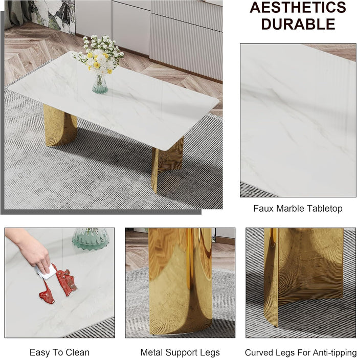 Modern Dining Table for 8,White Marble Dining Table with Golden Stainless Steel Base,71'' Gold Dining Table Ideal for Kitchen Dining Room