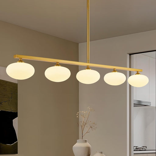 Golden Linear Midcentury Chandelier Quintuple Globes