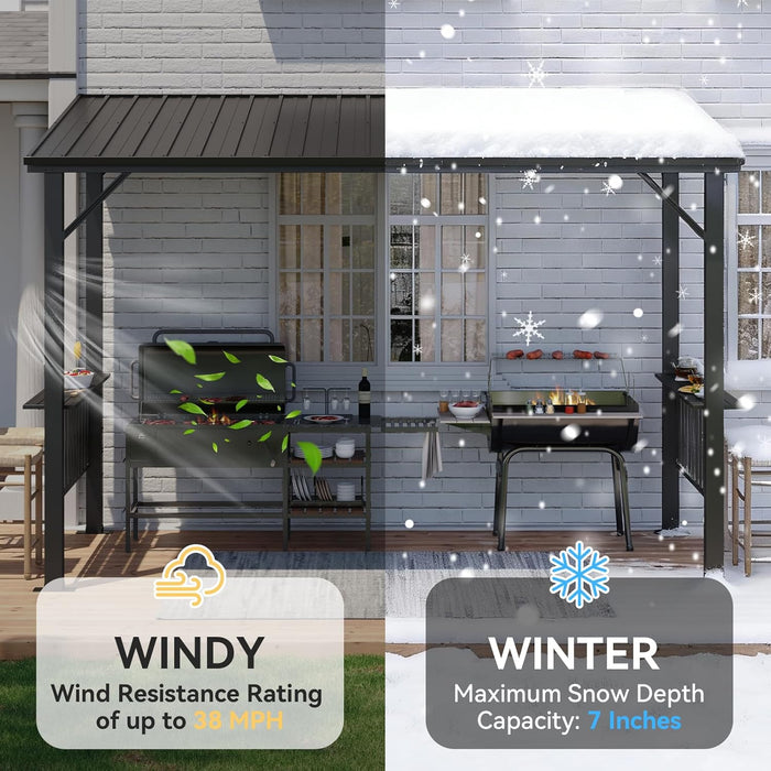 12X6Ft Hardtop Gazebo, All-Weather Outdoor BBQ Canopy with Sloping Steel Roof, Grill Gazebo with 2 Side Shelves & Hooks, Permanent Metal Gazebo for Patio, Backyard, Deck