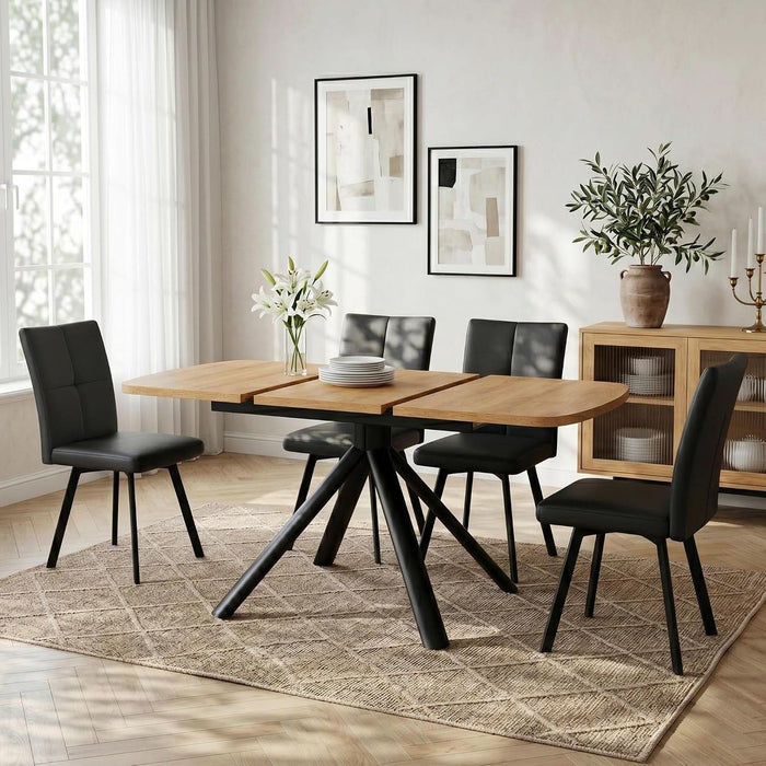 Extendable Dining Table Set for 6, Oak Table with 6 PU Black Chairs