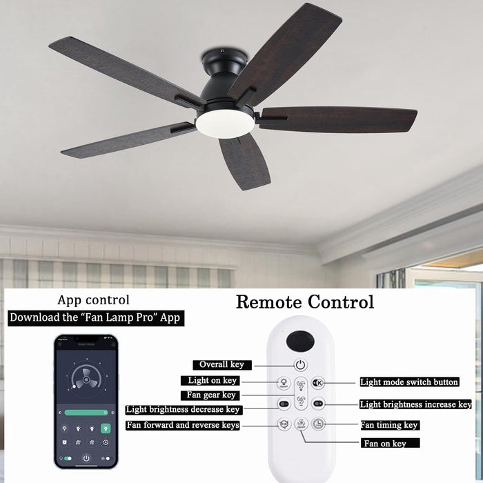 52 Inch Brown Modern Ceiling Fans with Lights, Low Profile Ceiling Fan with Remote/App Control, DC Reversible Motor, Dimmable LED Ceiling Fans for Bedroom,Indoor/Outdoor