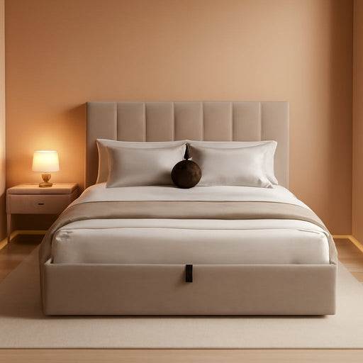 Queen Size Lift-Up Hydraulic Storage Bed, Beige Linen Upholstered Platform Bed with Vertical Channel Headboard, Wooden Slat Support, No Box Spring Needed, Easy Assembly