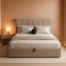 Queen Size Lift-Up Hydraulic Storage Bed, Beige Linen Upholstered Platform Bed with Vertical Channel Headboard, Wooden Slat Support, No Box Spring Needed, Easy Assembly