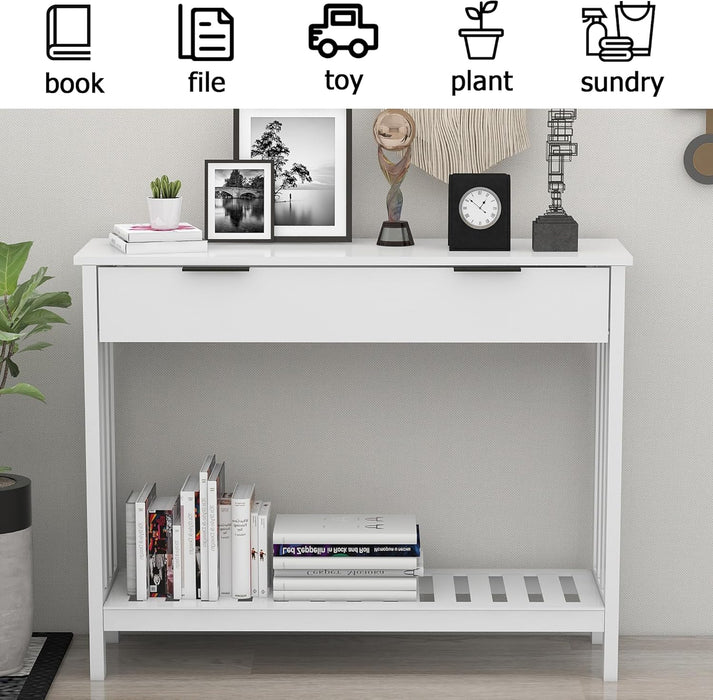 White Narrow Console Table with Drawer Storage Shelf, Modern Wooden Entryway Sofa Table, 39 Inch Slim behind Couch Table, Side Display Console Table for Living Room,Office,White