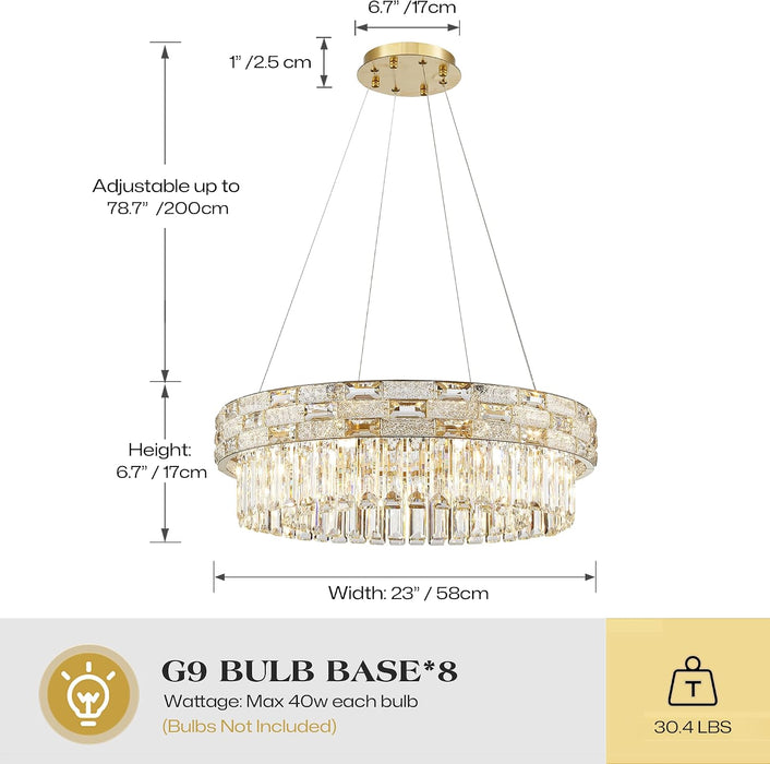 Morden Crystal Chandeliers for Dining Room 8 Lights Gold Chandelier round Crystal Chandelier Pendant Light Fixture Kitchen Island Entryway Living Room 23" D X 8.7" H