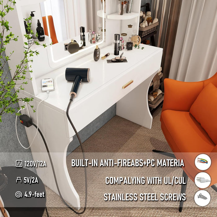 White Makeup Vanity Desk Featuring Illuminated Mirror