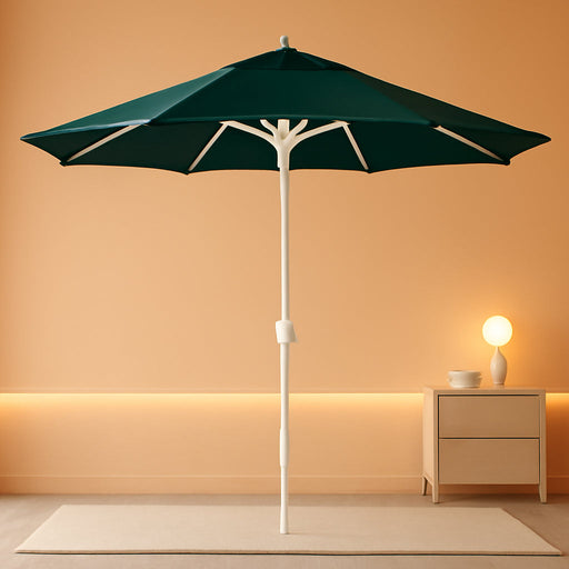 12-Year-Non-Fading, 9Ft Premium Sunbrella Patio Umbrella, Hand-Crank, Button-Tilt, White Frame, Forest Green Fabric