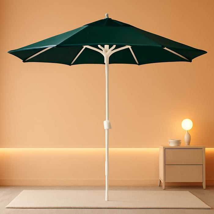 12-Year-Non-Fading, 9Ft Premium Sunbrella Patio Umbrella, Hand-Crank, Button-Tilt, White Frame, Forest Green Fabric