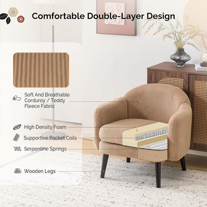 30.3" Wide Modern Barrel Accent Armchairs Set of 2 with Track Armrest, Solid Wooden Legs, Comfy Upholstered Club Chairs, Single Home Sofa for Living Room, Bedroom, Reading Room, Corduroy Khaki