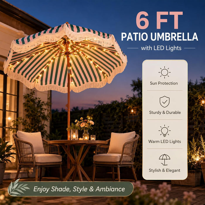 Fringe Patio Umbrella with Solar Powered String Lights, Boho Patio Umbrella for Outdoor, Garden, Deck, Pool, Push Button Tilt Pole