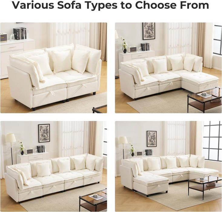 White OneThirtyThreeInch Modular Sectional Sofa Hidden Storage