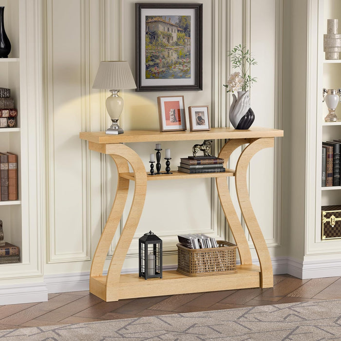 Wooden Console Table with Curved Legs and Shelf, 3-Tier Modern Accent Narrow Sofa Table for Entrance Area, Living Room, Hallway, 47 in Wide Wood Console Table for Entryway (Nature)