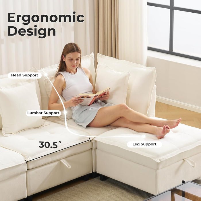 White OneThirtyThreeInch Modular Sectional Sofa Hidden Storage