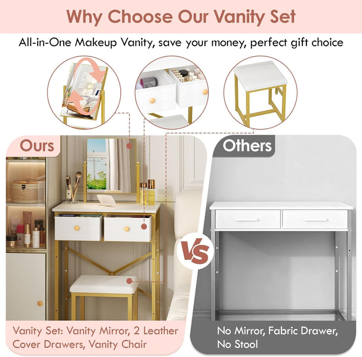 Small Makeup Vanity Desk with Mirror & Chair, Mini Vanity Desk Table Set with Fabric Storage Drawer, 19.7" Compact Vanity Desk for Girls, Dressing Table with Chair for Bedroom, White Golden