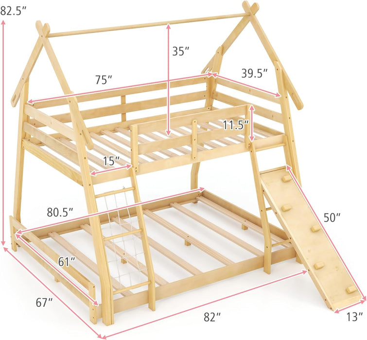 TwoTier Overhead Queen SolidWood Bunk Bed ClimbingNets