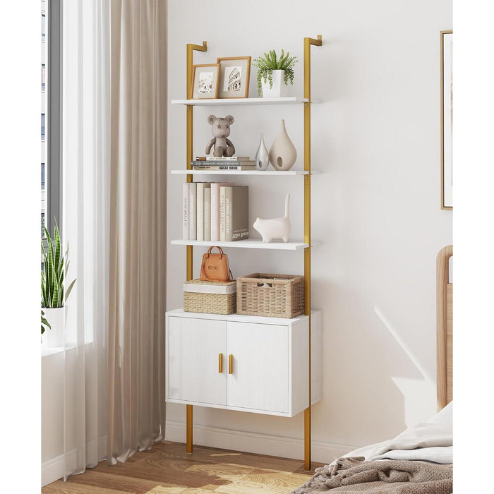 73" Tall Bookshelf with Cabinet, Industrial Ladder Wall Mount Shelf Bookcase with Wood and Metal Frame, Plant Shelf Wall Storage Display for Living Room Bedroom, White Gold