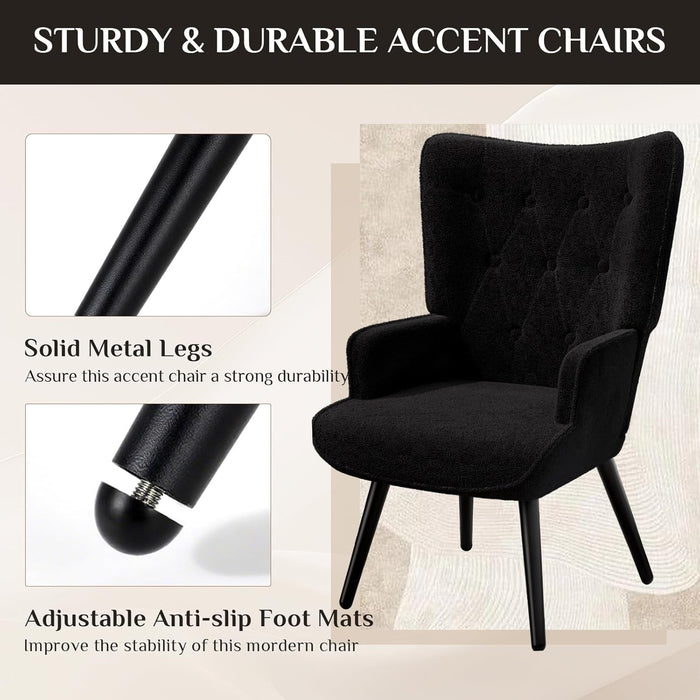 Black Plush Upholstered Wingback Armchair Mid Century