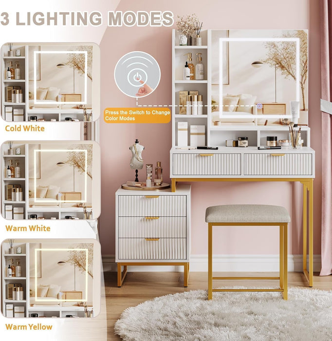 Makeup Vanity Desk with Mirror and Lights, Vanity Table with 5 Drawers, Vanity Set with Stool and Removable Side Storage Cabinet for Bedroom, White & Gold