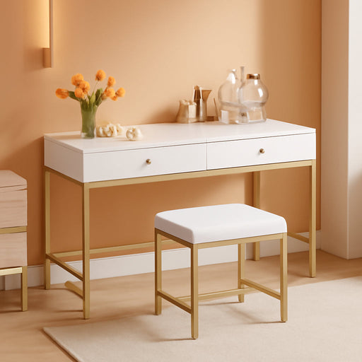 35.4" White and Gold Desk with 2 Drawers, Modern Makeup Vanity with Padded Stool, Small Computer Desk Home Office Desk for Writing Study Bedroom