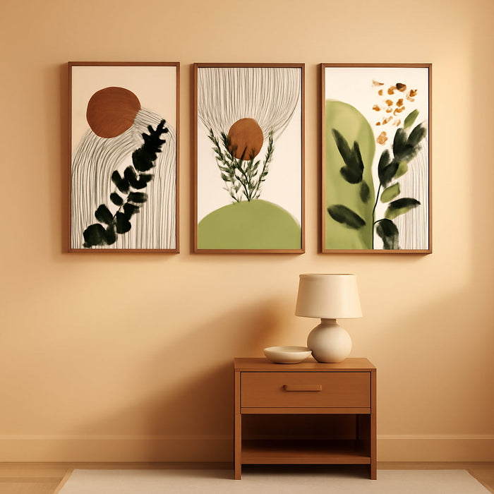 Boho Plant Wall Art Green Botanical Bohemain Framed Wall Printing 11X14In Abstract Canvas Prints with Leaf & Sun Lines - Natural Framed