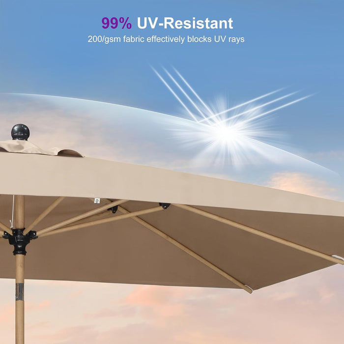 6.5' X 10' Patio Umbrella Outdoor Table Umbrella Aluminum Market Umbrella with Push Button Tilt & 8 Sturdy Ribs and Crank Rectangular Sun Umbrella for Pool Backyard Beach, Taupe