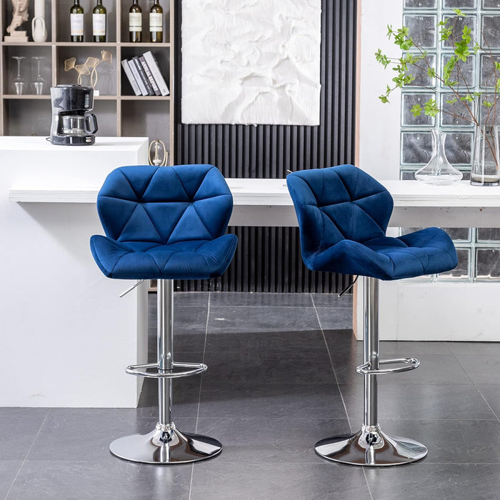 Breni Velvet Diamond Tufted Swivel Adjustable Height Barstools, Set of 2, Blue