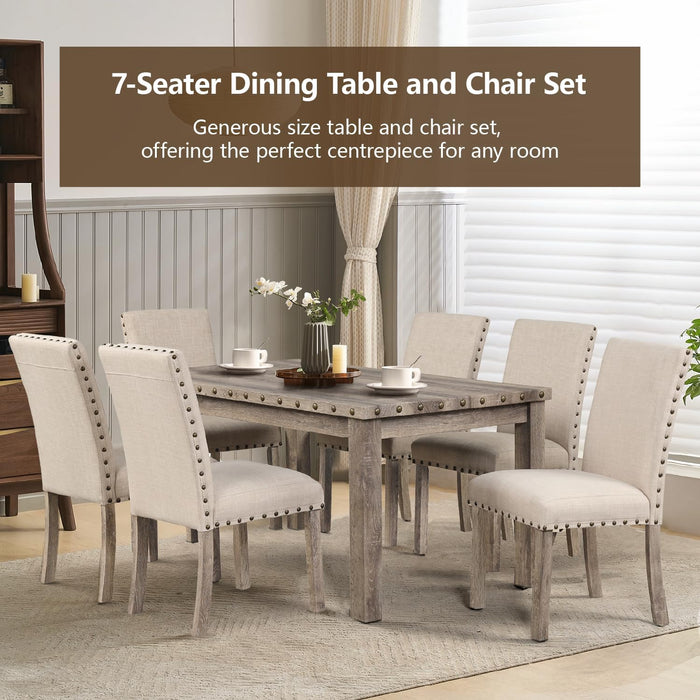 Rustic Dining Table Set for 6, Farmhouse Kitchen Dining Chairs for 6, Charming 60" Rectangular Wooden Table&6 Upholstered Chair with Nailhead Accents for Dining Hub,Breakfast Nook