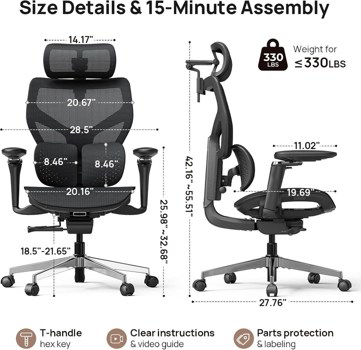 Ergonomic Mesh Office Chair - 10 Hours Comfort Dual Lumbar Support, 330Lbs