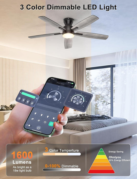 Ceiling Fans with Lights, 52'' Low Profile Ceiling Fan with Light and Remote/App Control, Modern Flush Mount Ceiling Fan for Indoor Bedroom Living Room, Dimmable, Qiuet DC Motor, Black