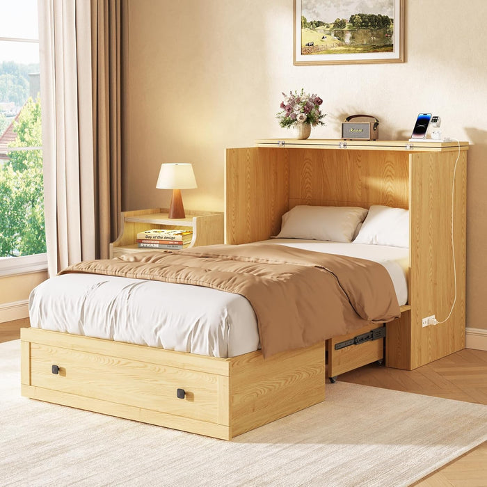 Murphy Bed with Built-In Charging Station, Space-Saving Murphy Bed Chest Twin with Drawer, Foldable, for Home Office Guest Room Bedroom,Natural