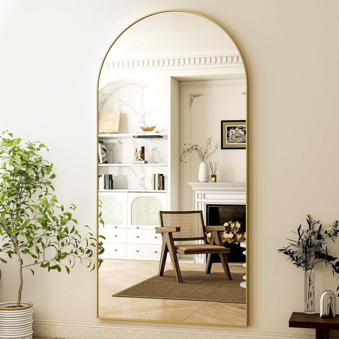 71"X30" Arched Full Length Mirror Free Standing Leaning Hanging Mounted Mirrors Aluminum Frame Modern Simple Home Decor for Living Room Bedroom Cloakroom, Gold