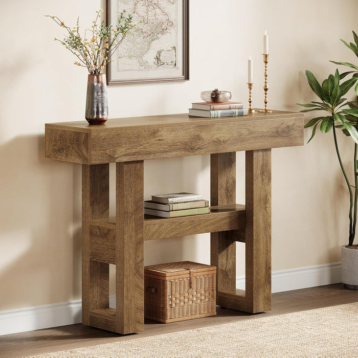 41.34-Inch Farmhouse Console Table, 2-Tier Narrow Sofa Table behind the Couch, Entryway Furniture with Storage Shelves for Hallway Foyer Living Room, Light Brown