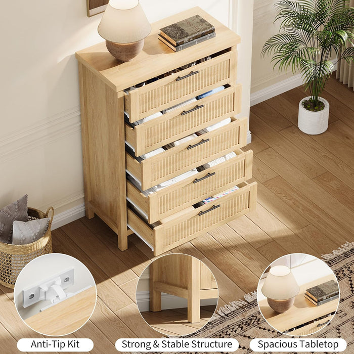 Fluted Dresser for Bedroom with 5 Drawers, 42.9 in Tall Chest of Large Drawers with Large Clothes Storage Cabinet, Wood Dresser, TV Stand for Bedroom, Nursery, Living Room, Hallway